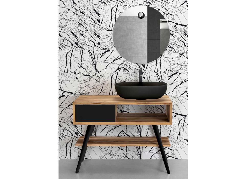 Moderne sort badeværelsesskab i naturlig teaktræ med skuffer - Benoit Viadurini