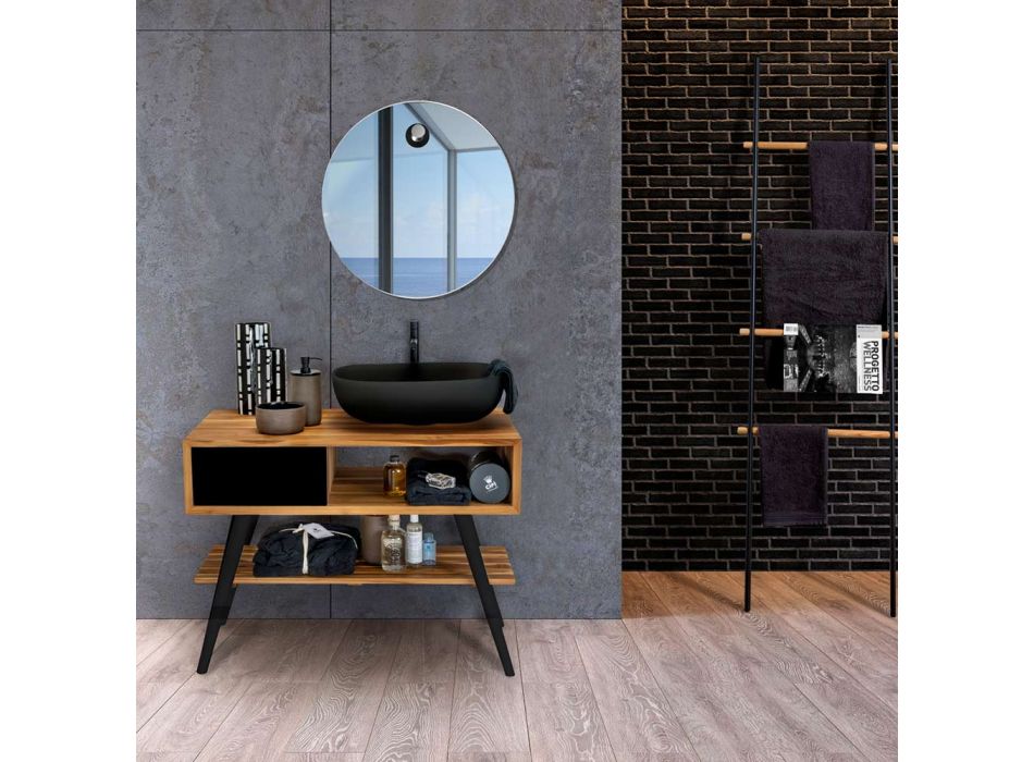 Moderne sort badeværelsesskab i naturlig teaktræ med skuffer - Benoit