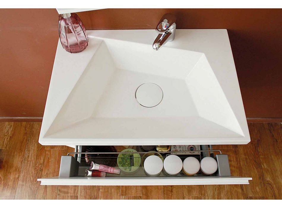 Badeværelse med vask og spejl, moderne design i hvidt træ og harpiks - Fausta