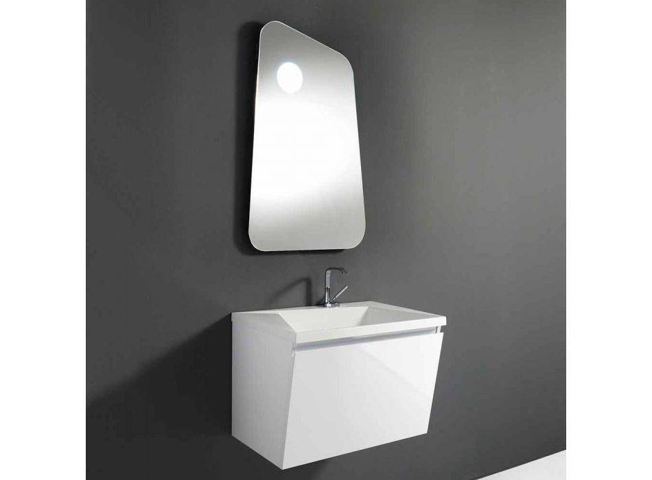 Badeværelse med vask og spejl, moderne design i hvidt træ og harpiks - Fausta Viadurini