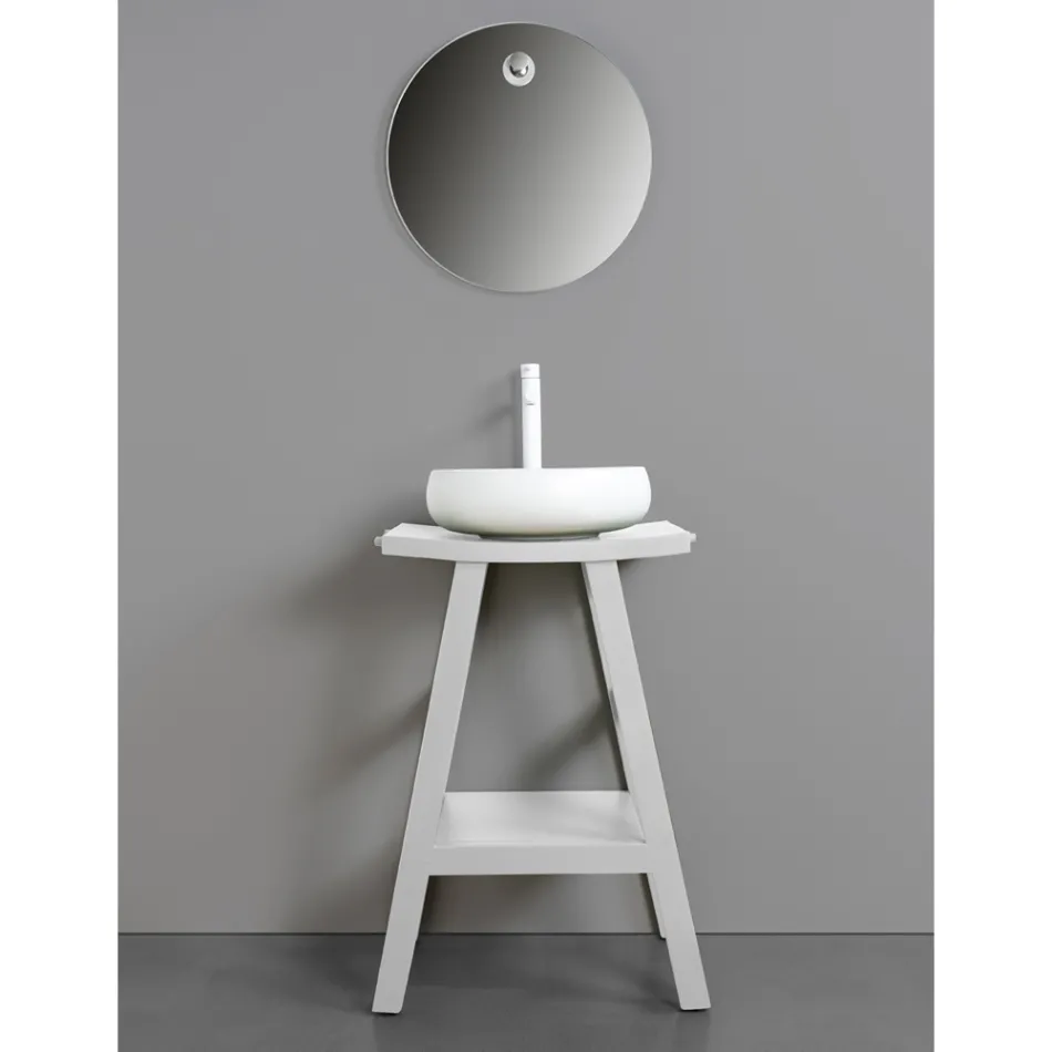 Design badeværelsesskab i naturlig teaktræ med mat hvid top og støtte - Raomi Viadurini