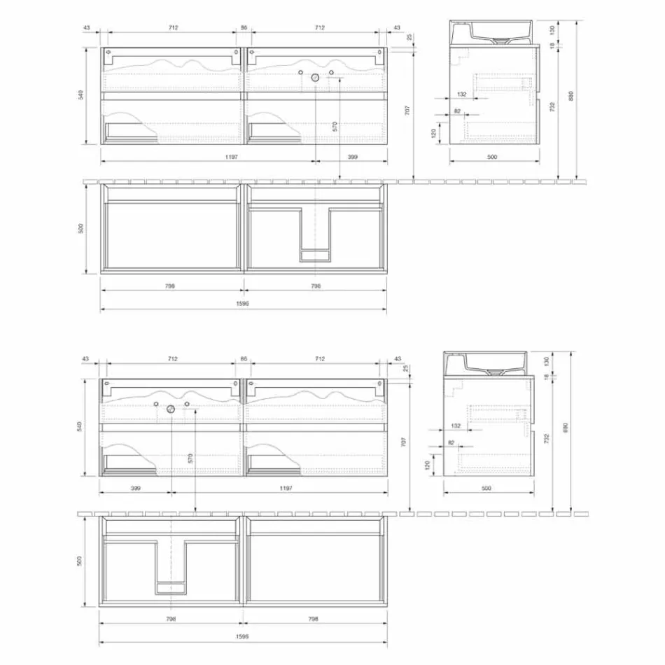 Moderne design badeværelse kabinet med højre eller venstre bordplade håndvask 4 finish - Alchimeo Viadurini
