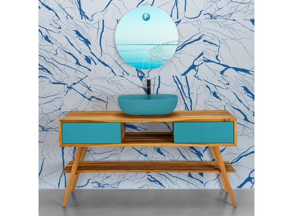 Moderne badeværelsesskab i naturlig teak med blå farveskuffe - Hamadou Viadurini