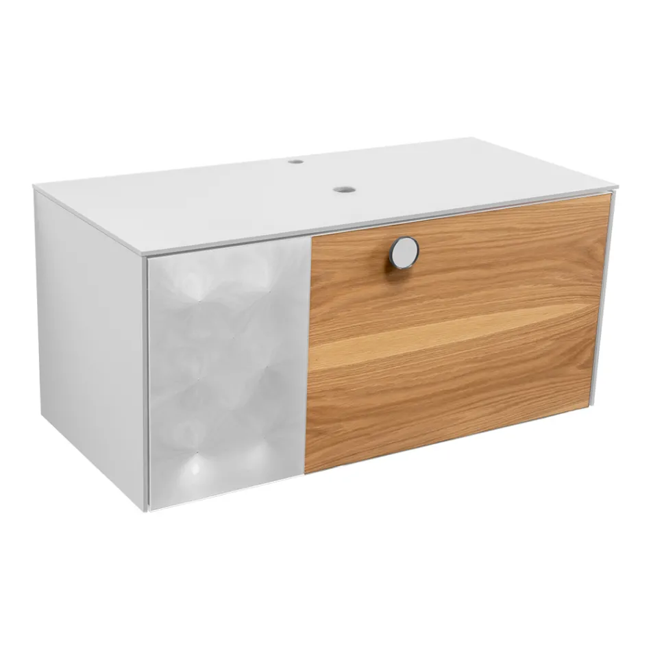 100 cm væghængt badeværelsesskab i 8 mm hærdet glas og europæisk egetræ - Excelsior Viadurini