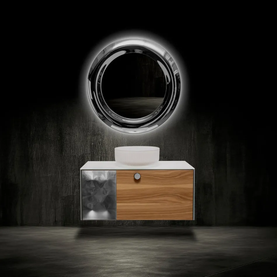 100 cm væghængt badeværelsesskab i 8 mm hærdet glas og europæisk egetræ - Excelsior Viadurini