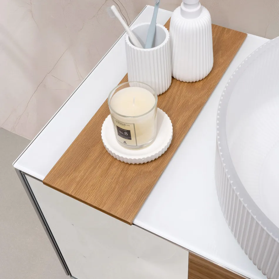 100 cm væghængt badeværelsesskab i 8 mm hærdet glas og europæisk egetræ - Excelsior Viadurini