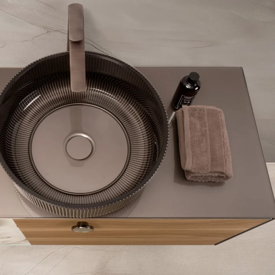 100 cm væghængt badeværelsesskab i 8 mm hærdet glas og europæisk egetræ - Excelsior Viadurini