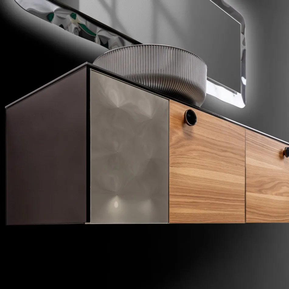 160 cm væghængt badeværelsesskab i 8 mm hærdet glas og europæisk egetræ - Excelsior Viadurini