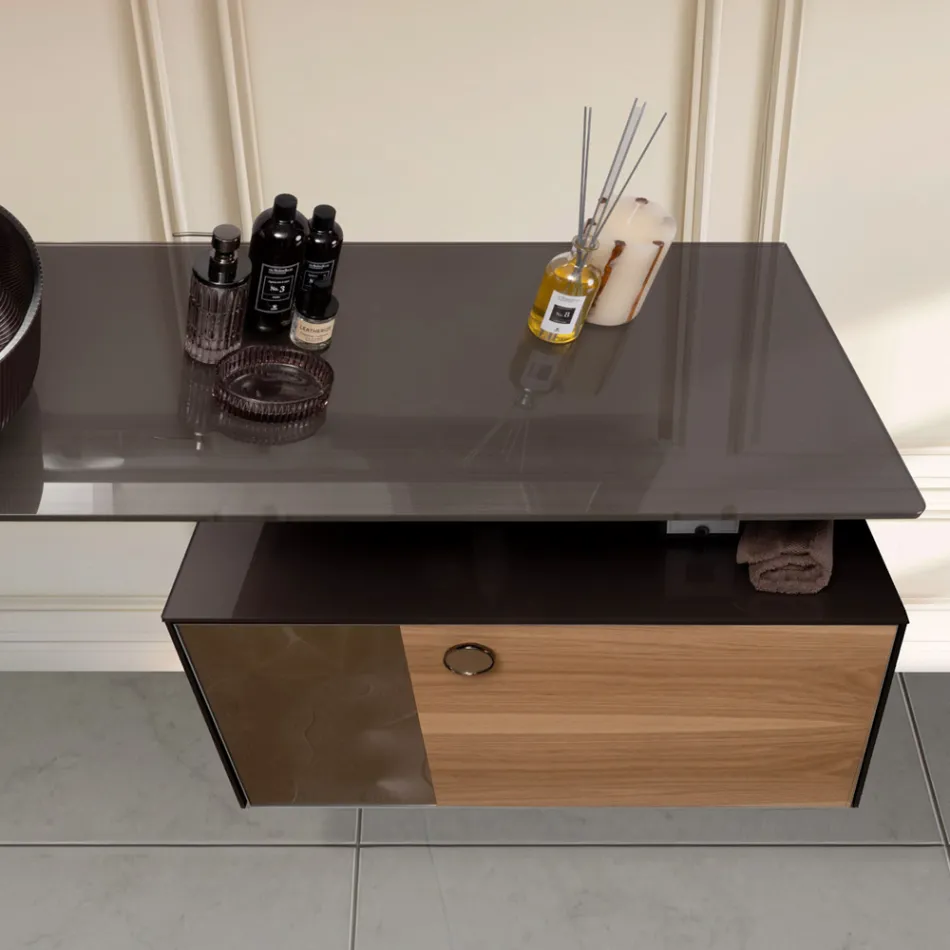 80 cm væghængt badeværelsesskab i 8 mm hærdet glas og europæisk egetræ - Excelsior Viadurini