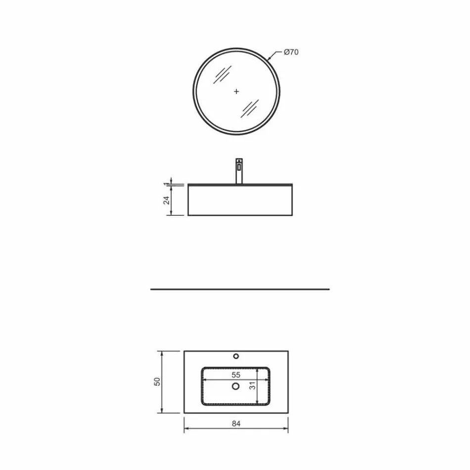 Hængende badeværelsesskab med skuffe og integreret håndvask og rund spejl - Renga Viadurini