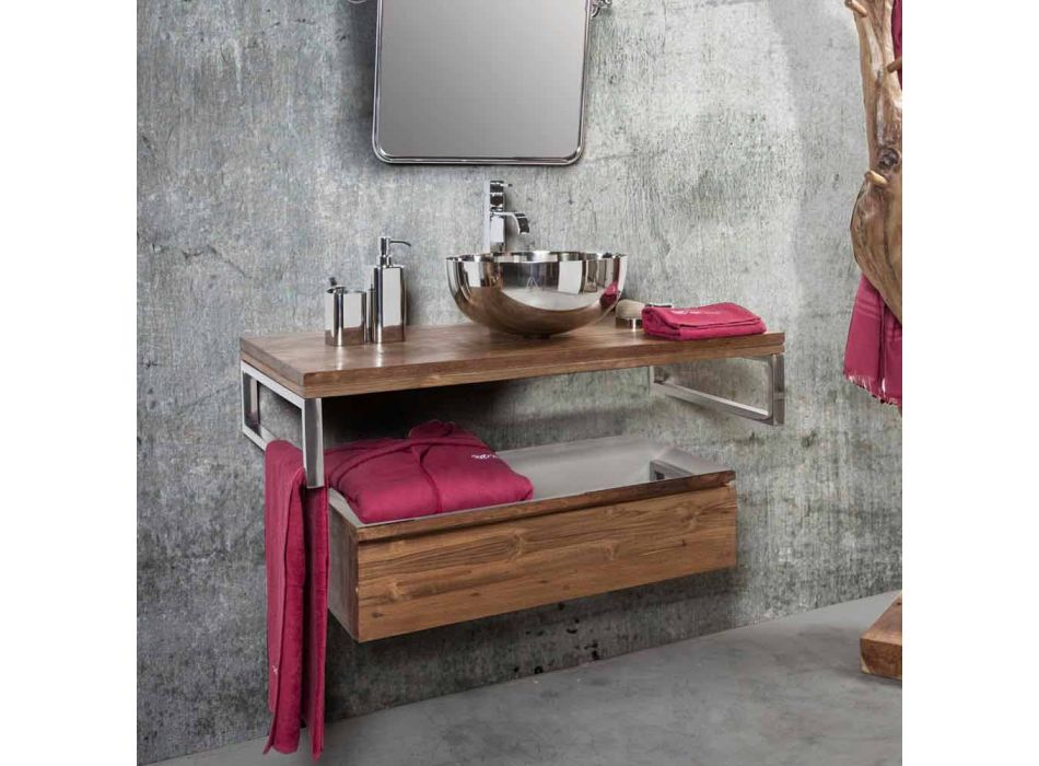 Hængende badeværelseskab i teak med håndklædeholder i rustfrit stål - Saverno Viadurini