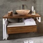 Hængende badeværelsesskab i teaktræ med håndklædeholder i Hi Macs® White - Saverno Viadurini