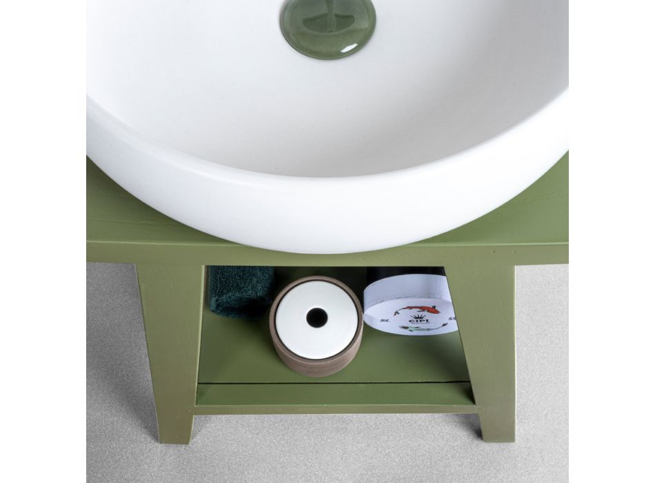 Fritstående badeværelsesskab med teak finish og stor grøn hylde - Raomi Viadurini