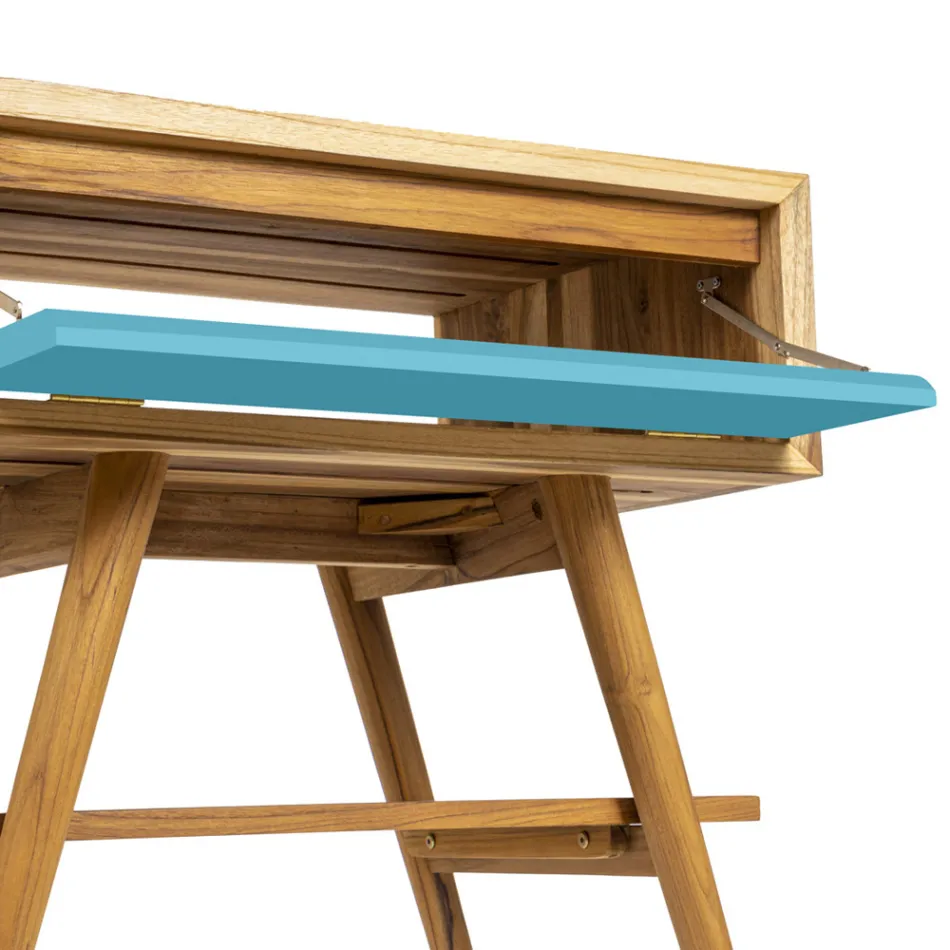 Gulvstående blåt badeværelsesskab i naturlig teaktræ med farvet skuffe - Gatien Viadurini