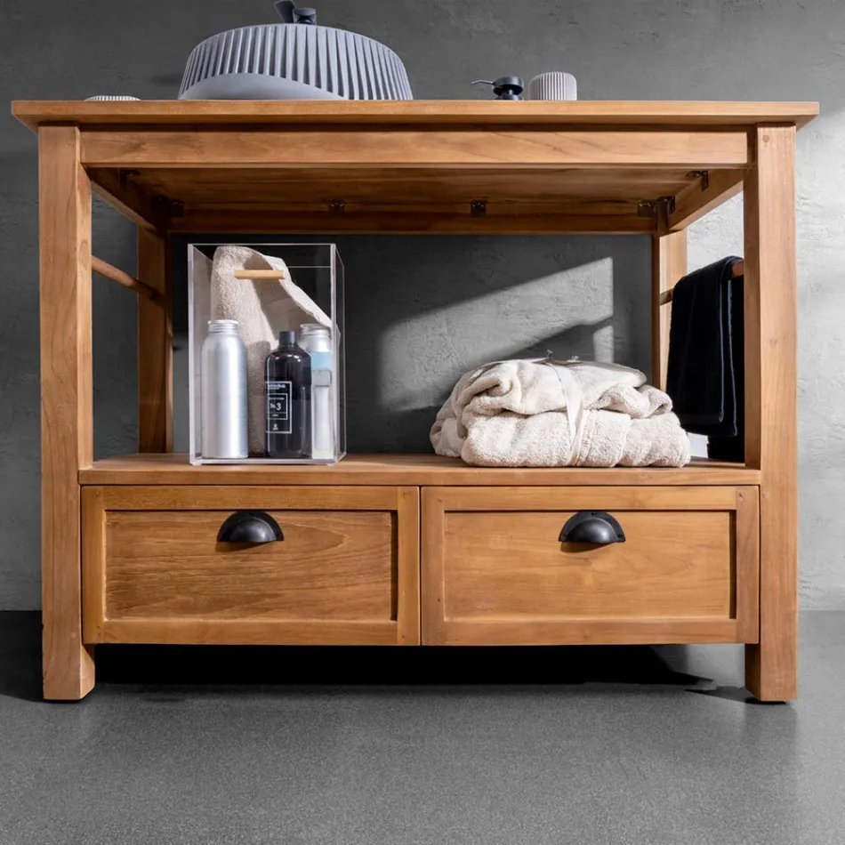Fritstående badeværelsesskab lavet af teaktræ med to skuffer - Frangipani Viadurini