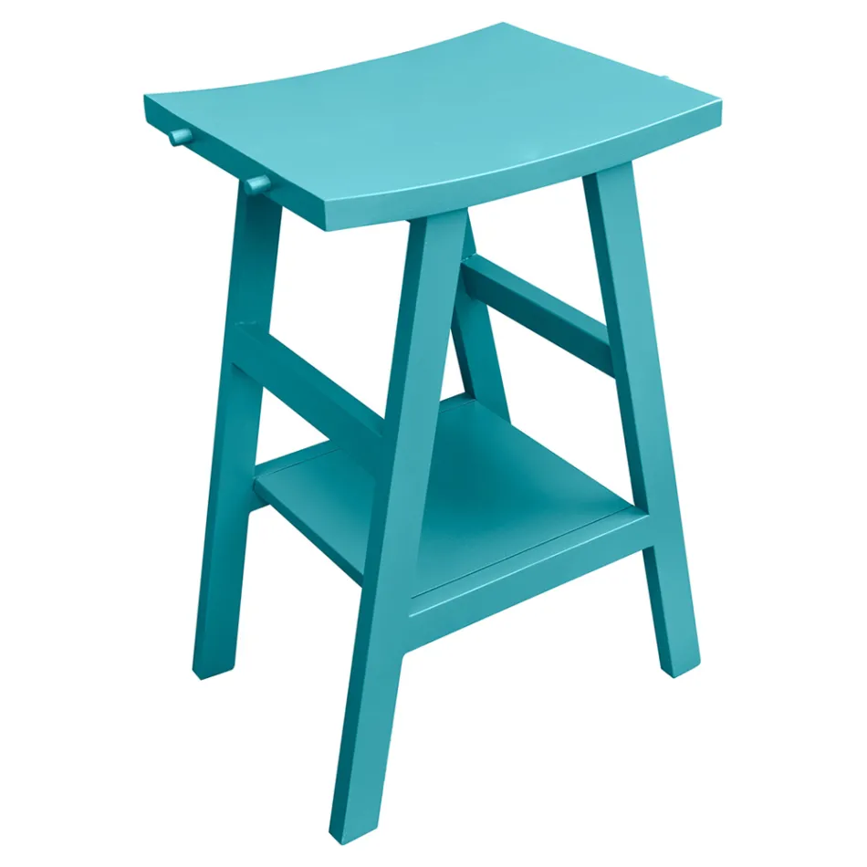 Teak badeværelsesskab med halvbuet top og praktisk blå hylde - Raomi Viadurini