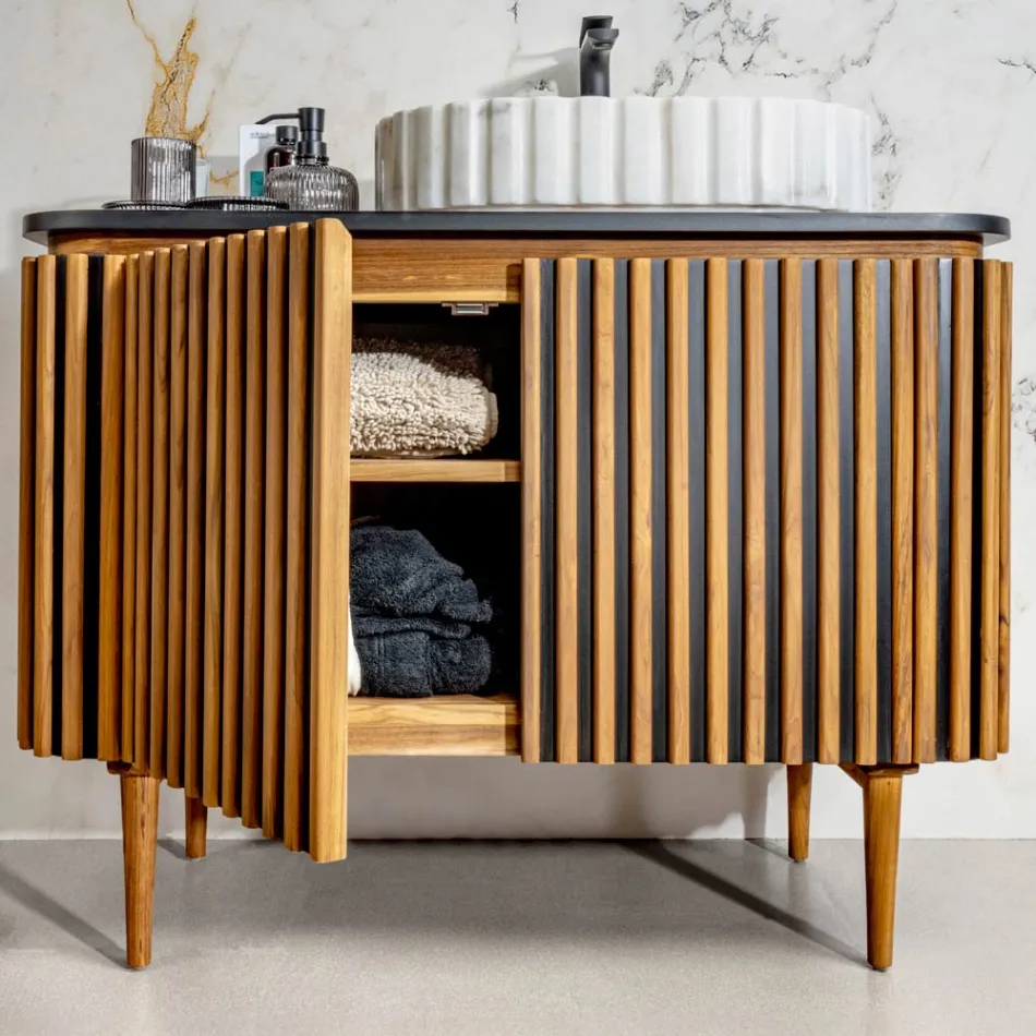 Håndlavet badeværelsesskab af massiv teak og mahogni - Heliconia Viadurini