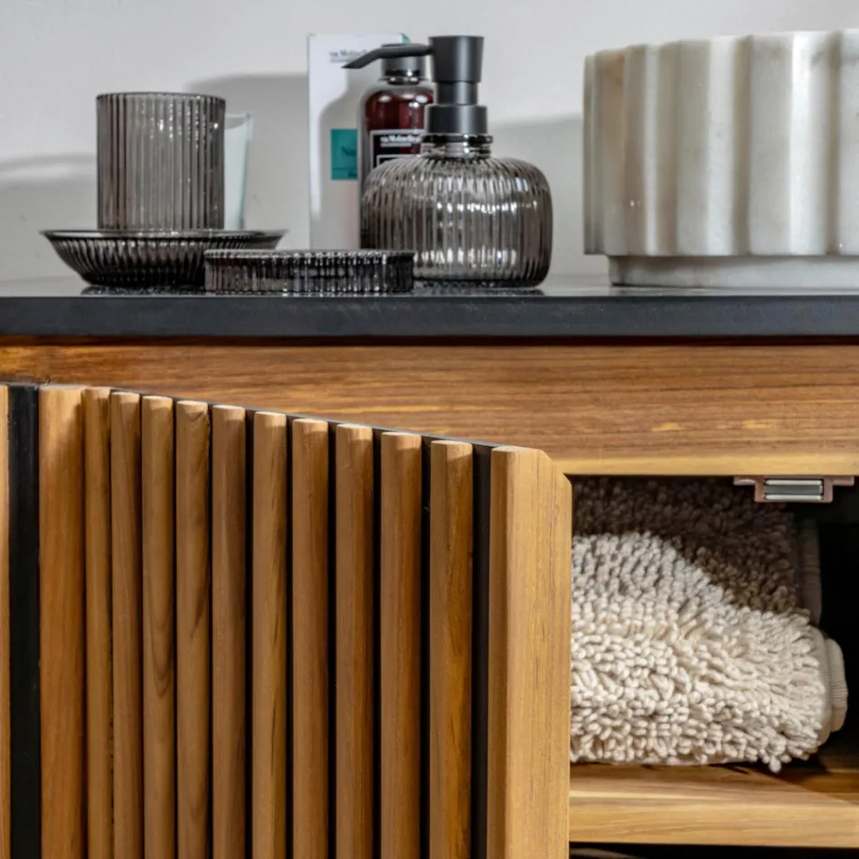 Håndlavet badeværelsesskab af massiv teak og mahogni - Heliconia Viadurini