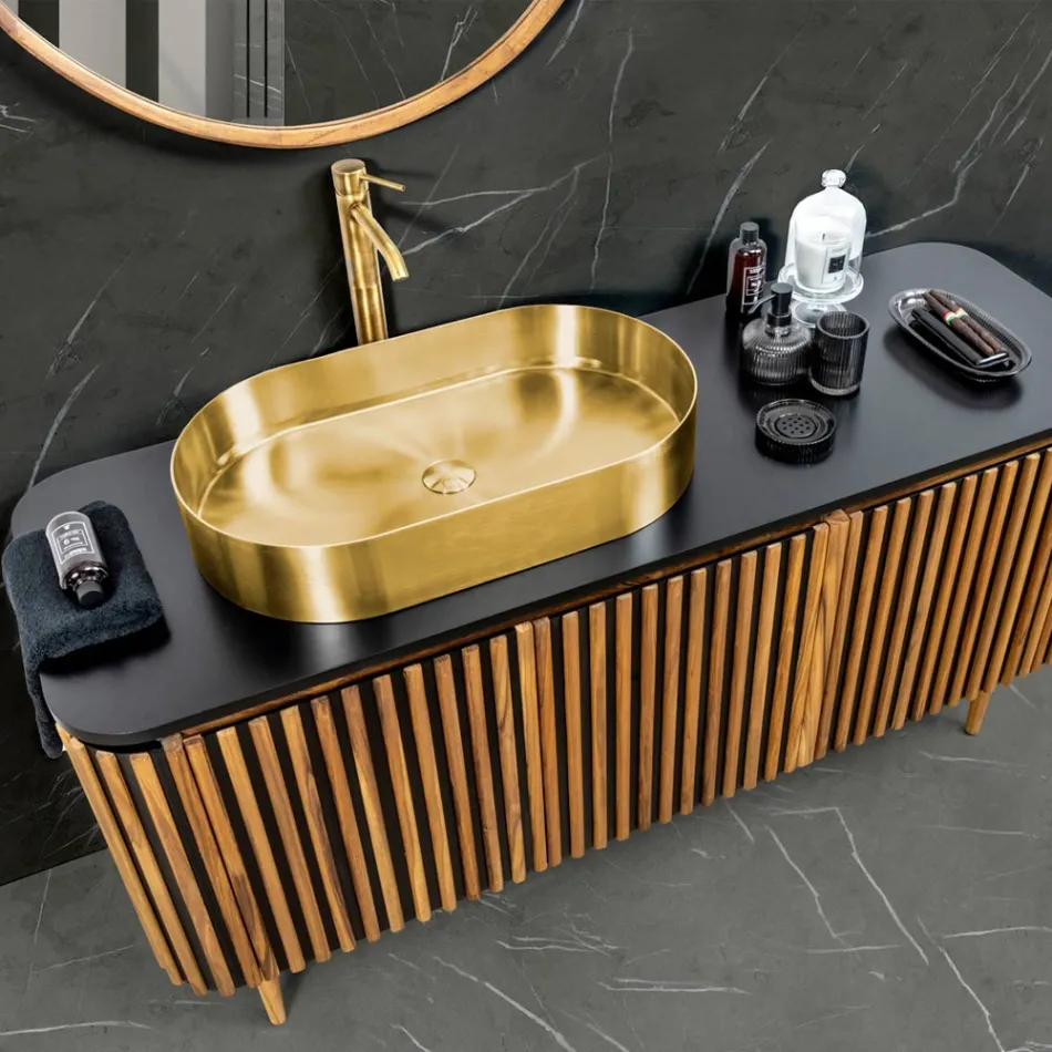 Håndlavet badeværelsesskab af massiv teak og mahogni - Heliconia Viadurini