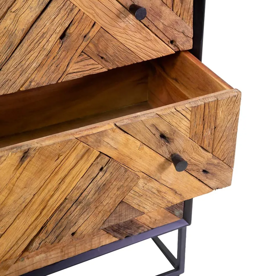 Sort metalskab til stuen med 3 træskuffer - Wreck Viadurini