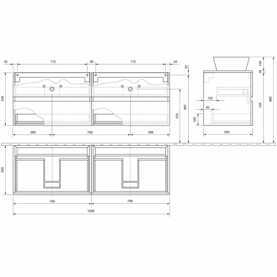 Hængende badeværelsesskab med dobbelt håndvask til bordplade - Mandrillo Viadurini