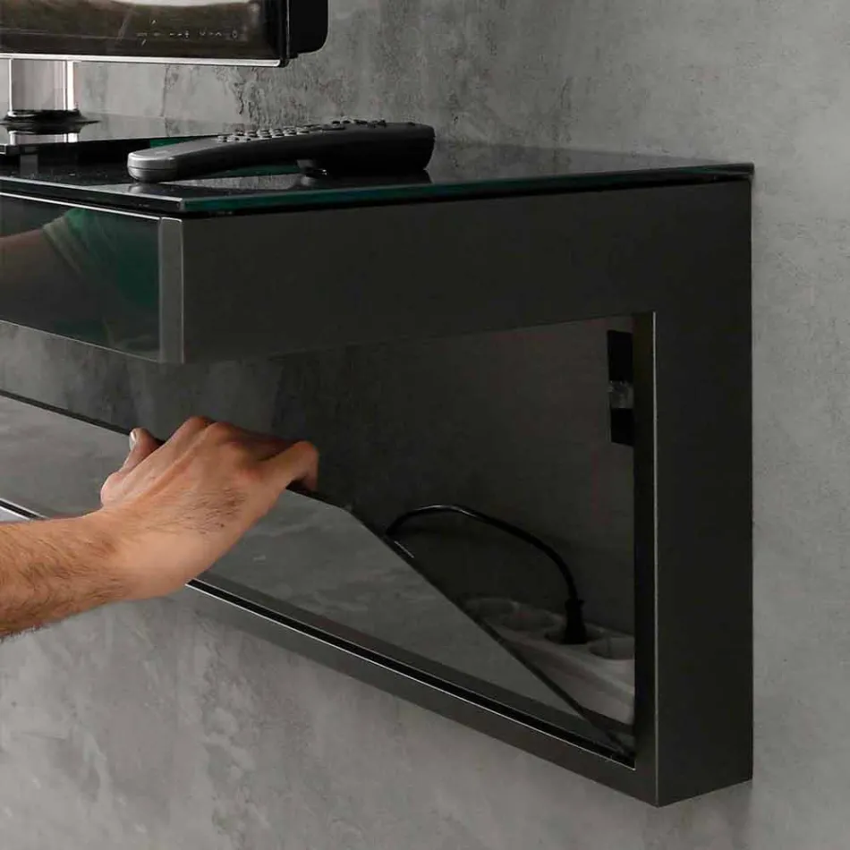 Væg-tv-skab i sort krystal og metal fremstillet i Italien - Americio Viadurini