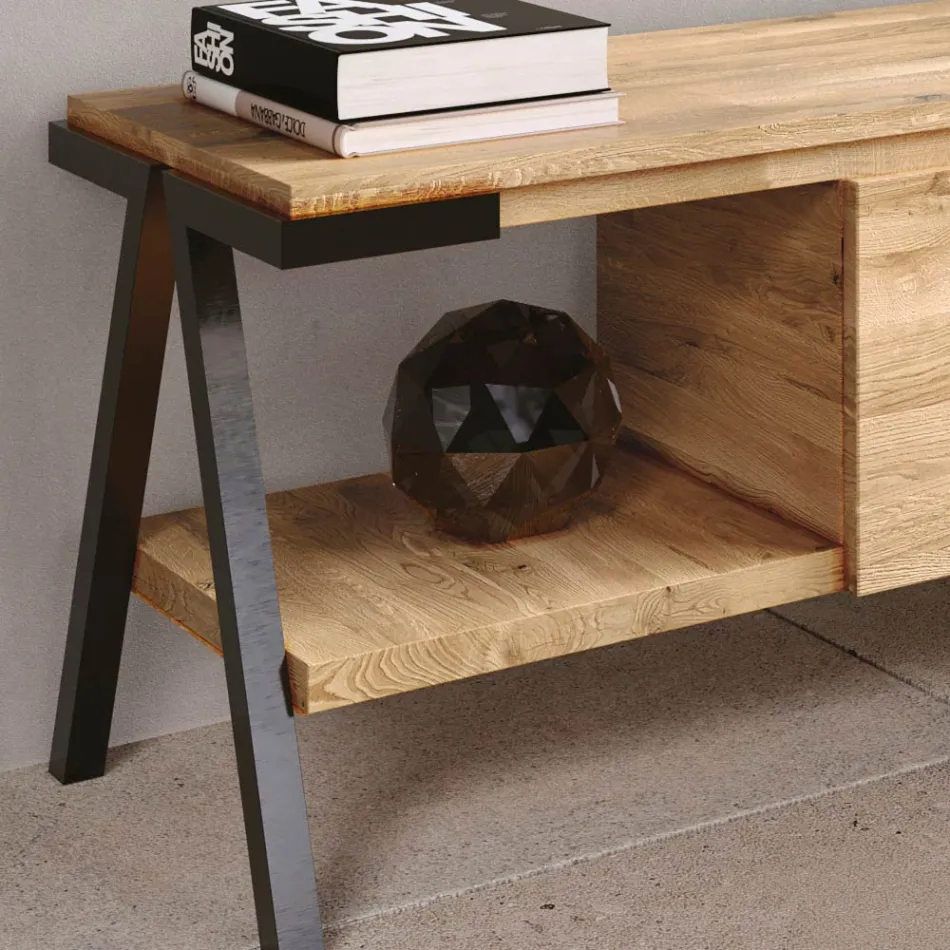 Tv-stativ i knudet egetræ og metal fremstillet i Italien - Jennifer Viadurini