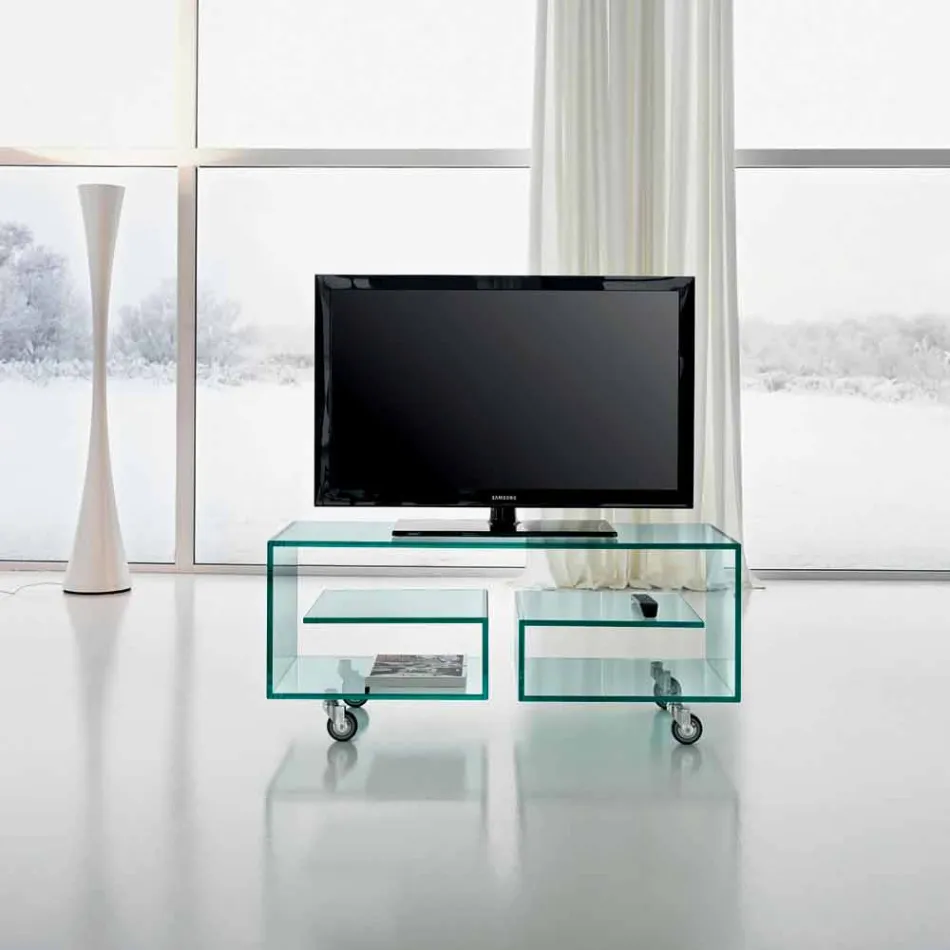 Multipurpose Living TV TV Cabinet i Transparent Glass with Wheels - Birintolo Viadurini
