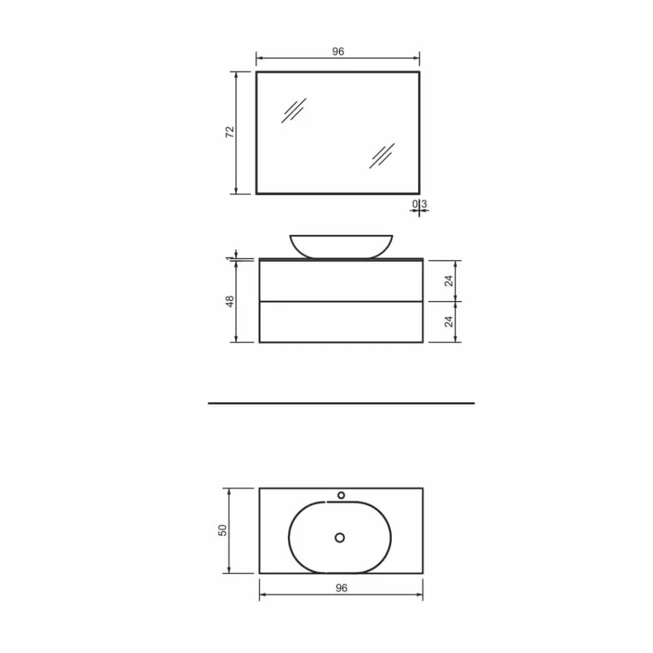 Hængende badeværelsesmøbler Base 2 skuffer, håndvask og spejl, dyrebar - Renga Viadurini