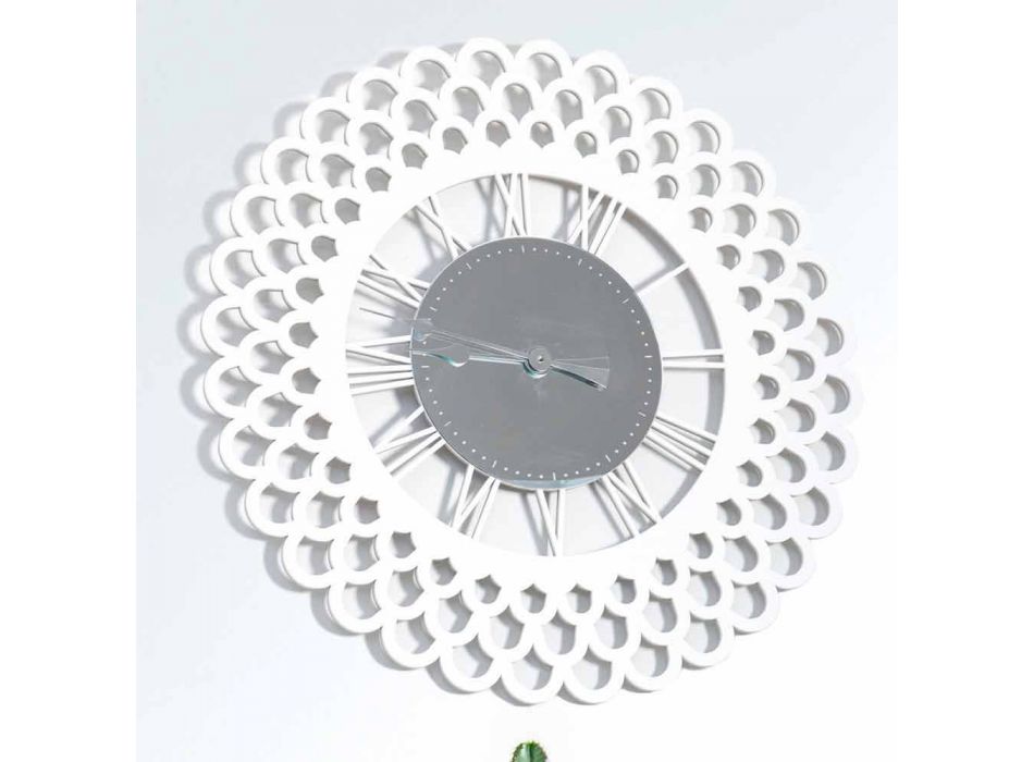 Hvid trævæg ur og stort blomsterdesign - Gerbera Viadurini