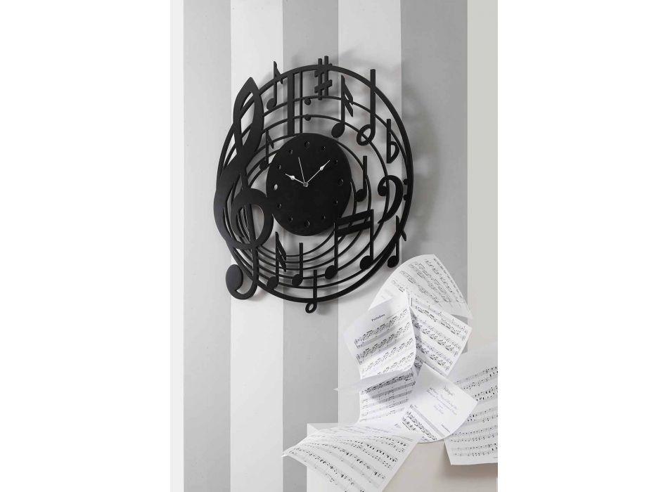 Moderne design rund sort vægur i dekoreret træ - musik Viadurini
