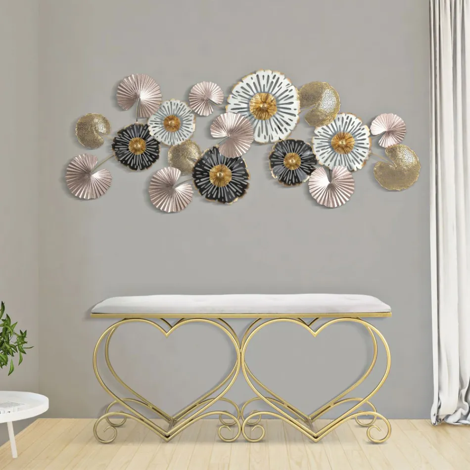 Bænk i guldjern med sæde polstret og dækket af stof - Alchimia Viadurini