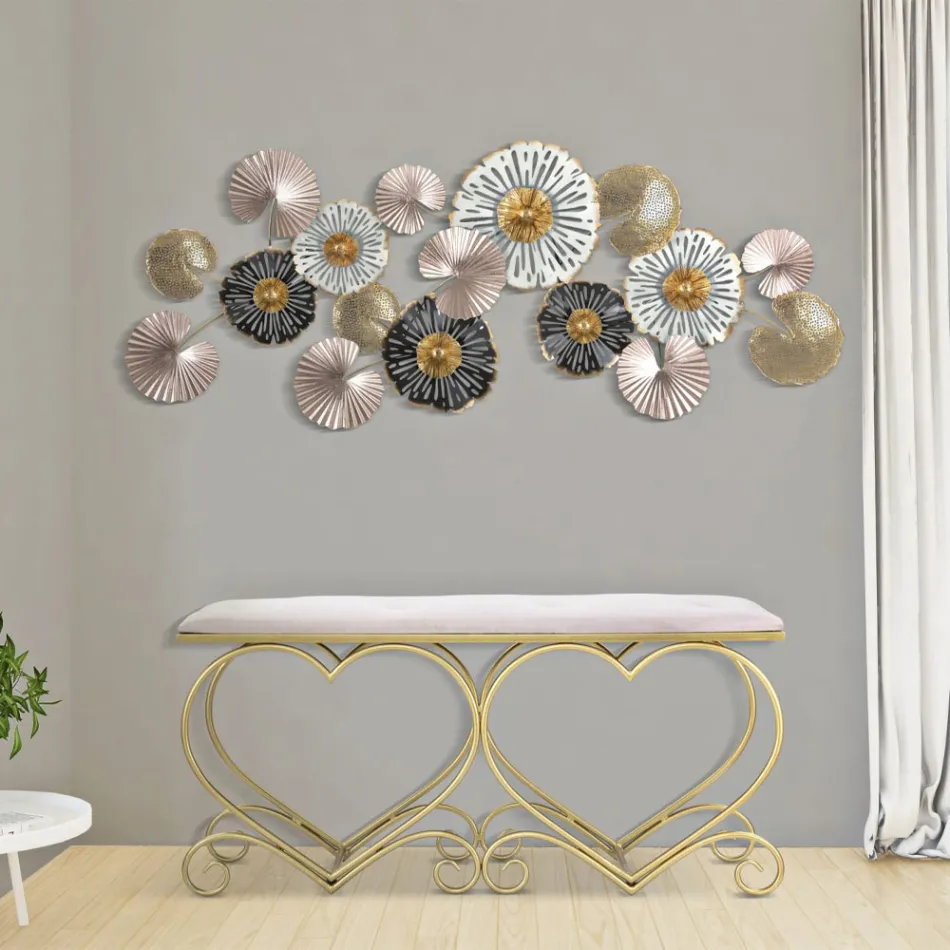 Bænk i guldjern med sæde polstret og dækket af stof - Alchimia Viadurini