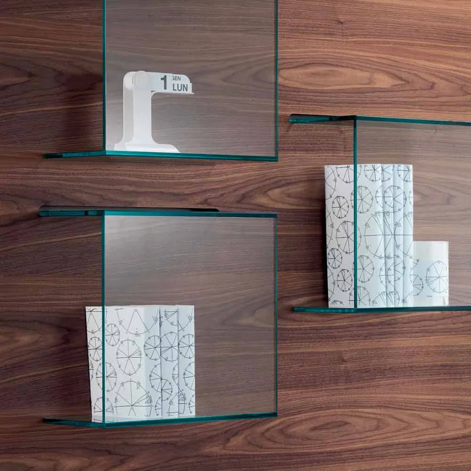 Vægpanel i Canaletto valnøddetræ og glasreoler 2 størrelser - basilikum Viadurini