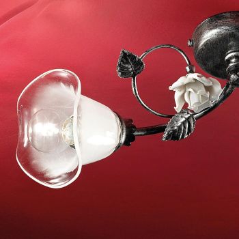 2 lys loftslampe i jern, glas og roser med keramisk dekoration - Siena