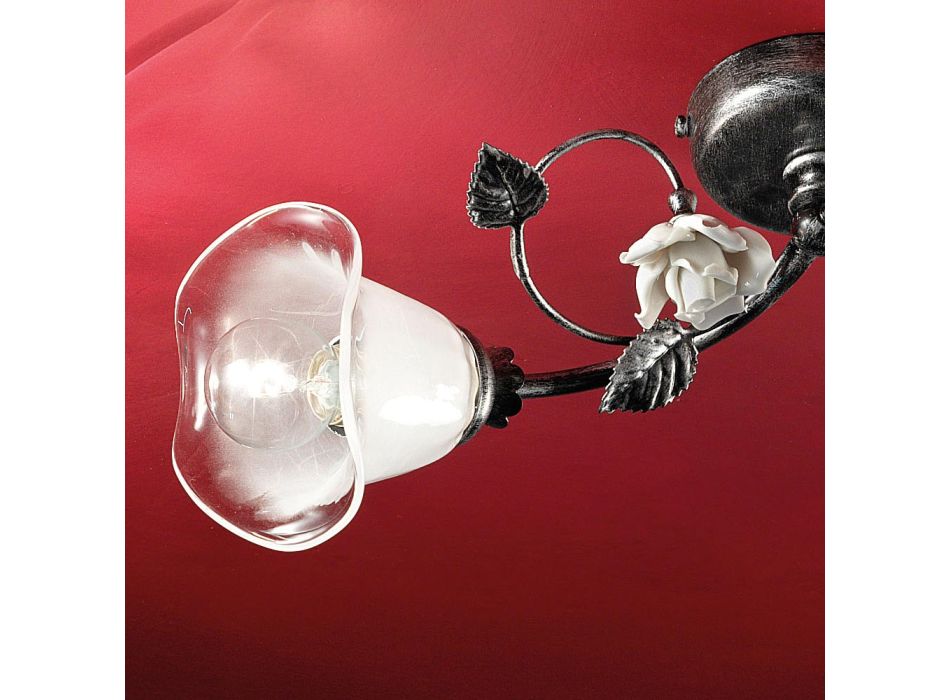 2 lys loftslampe i jern, glas og roser med keramisk dekoration - Siena