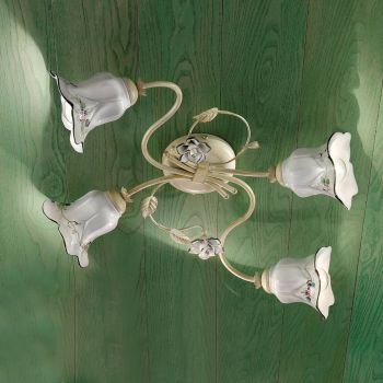 4 lys loftslampe i metal og keramik med håndmalede roser - Pisa
