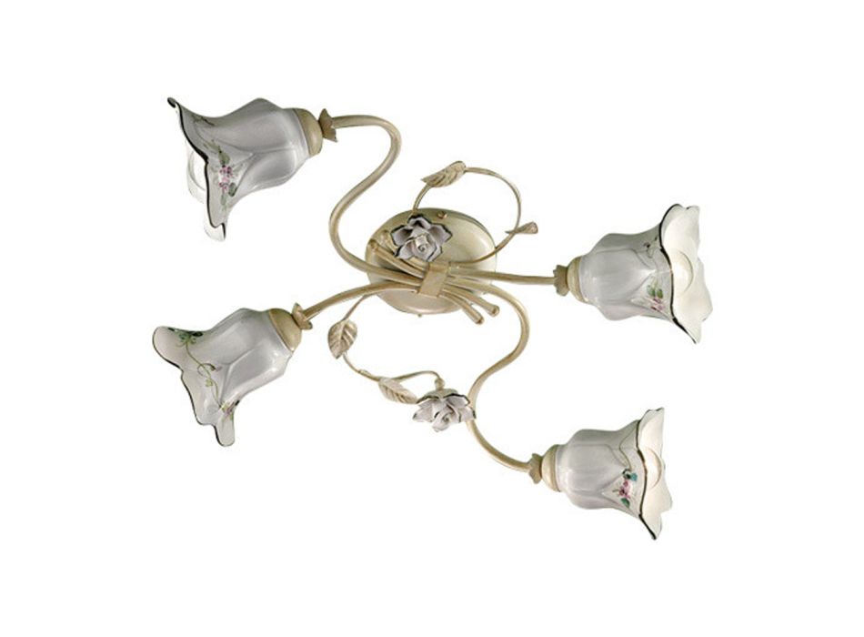 4 lys loftslampe i metal og keramik med håndmalede roser - Pisa Viadurini
