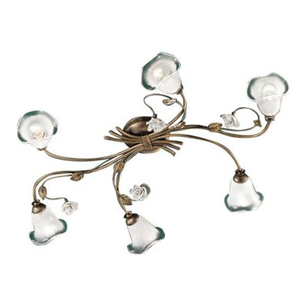 Vintage 6-lys loftslampe i jern, glas og keramiske roser - Siena Viadurini