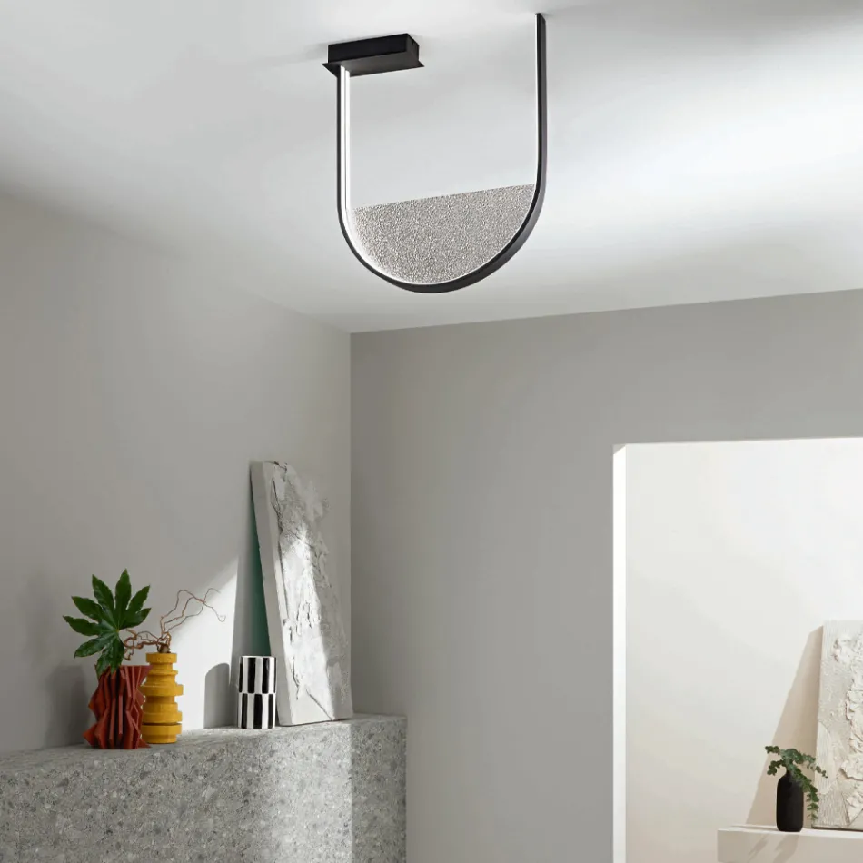 Loftslampe i malet metal og aftagelig indsats i granuleret glas - Catalpa Viadurini