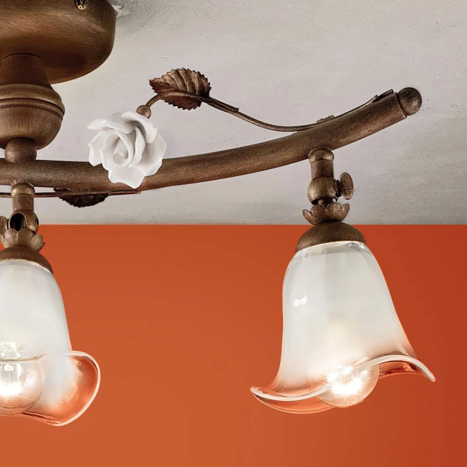 Lineær loftslampe med 3 lys i jern, glas og keramiske roser - Siena Viadurini
