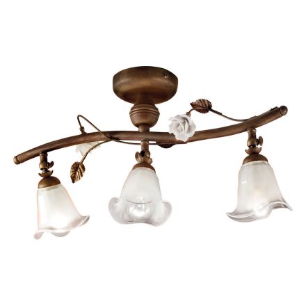 Lineær loftslampe med 3 lys i jern, glas og keramiske roser - Siena Viadurini