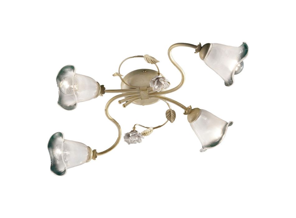 Vintage loftslampe 3 eller 4 lys i jern, glas og keramiske roser - Siena Viadurini