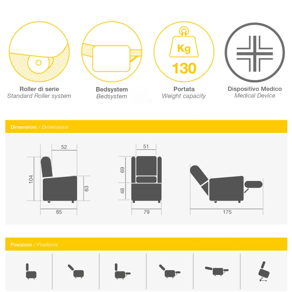 Lift Lænestol med Lift-, Relax- og Sengefunktioner Made in Italy - Talita Viadurini