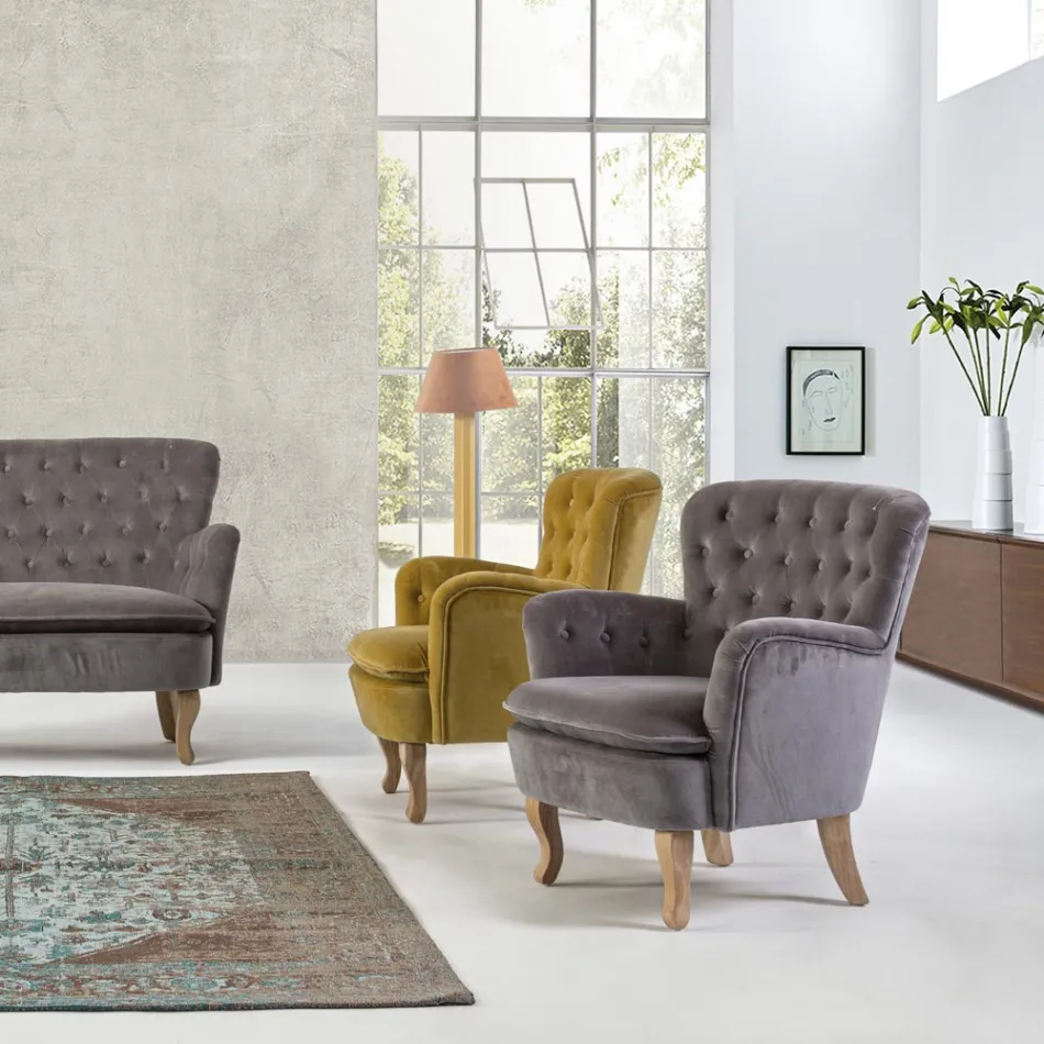 Klassisk lænestol i træ og polstret sæde i quiltet bomuld - Monny Viadurini