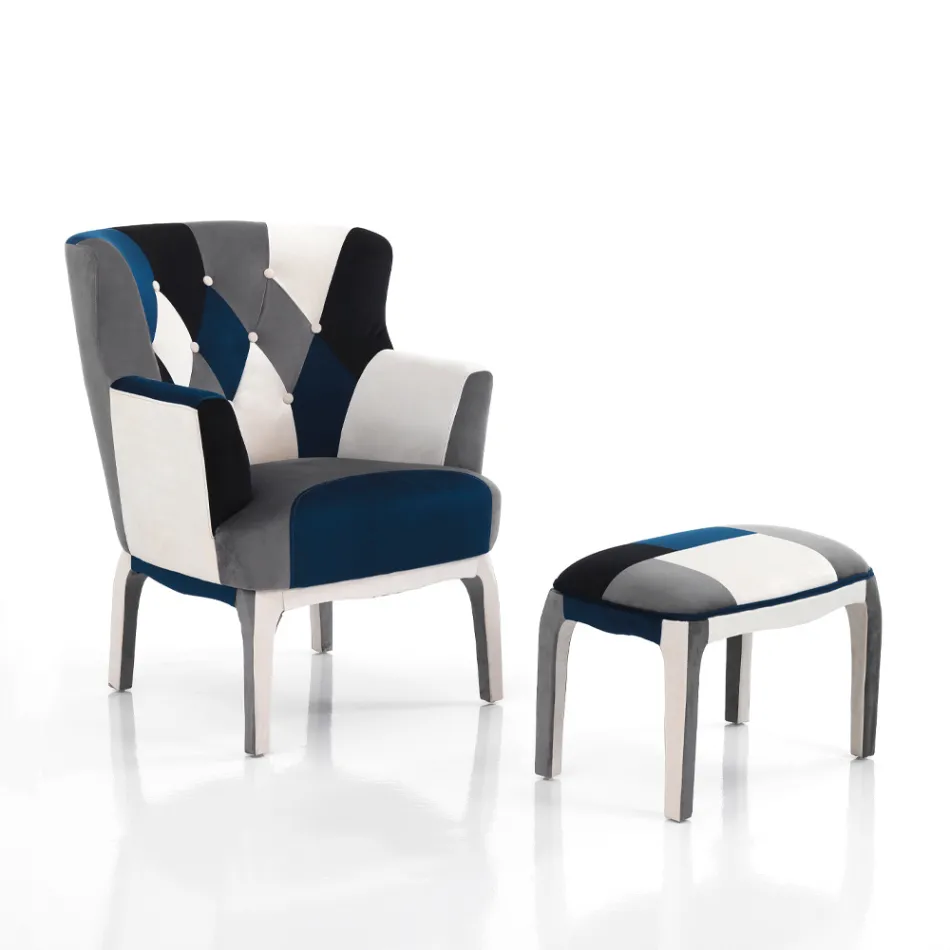 Lænestol med puf i Patchwork stof - Bromo Viadurini