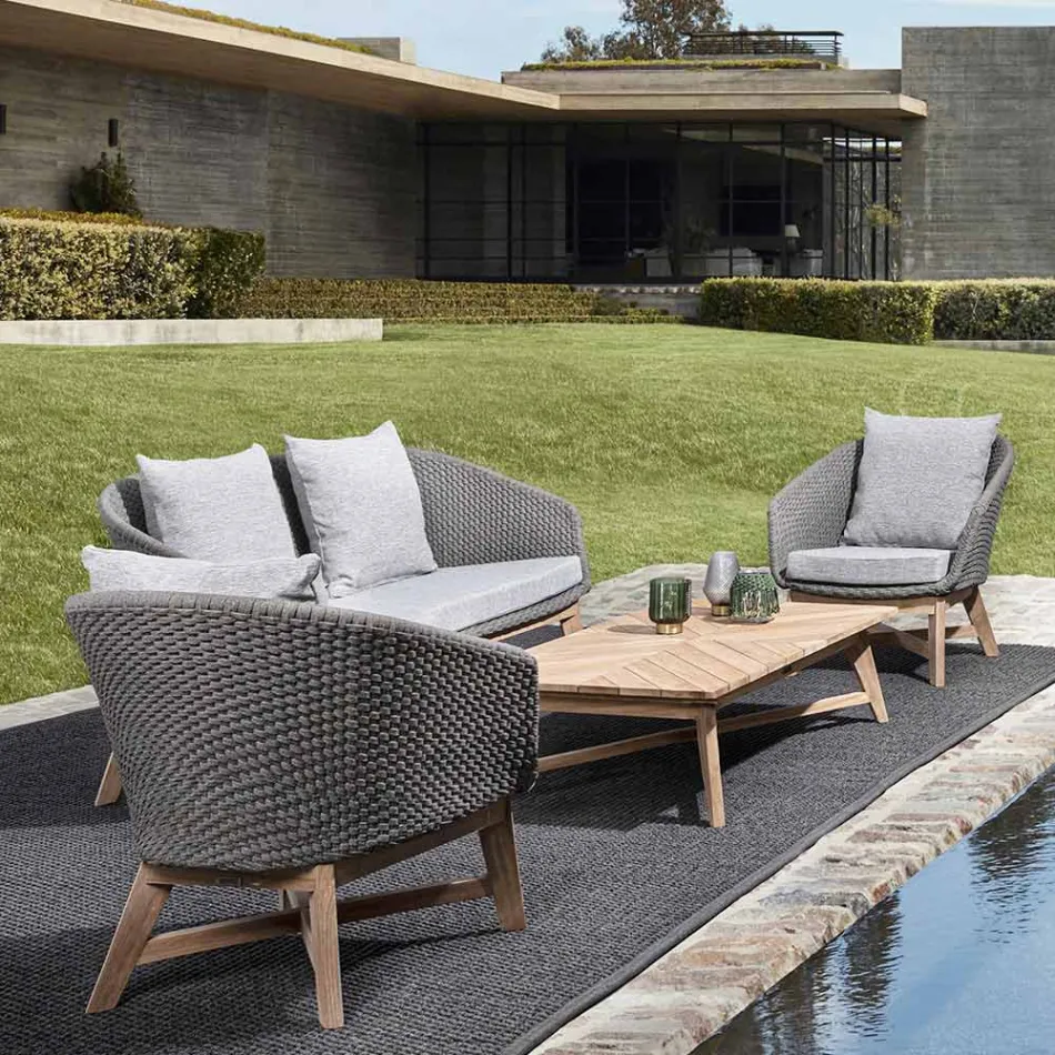 Udendørs lænestol i rebvævning og teaktræ, Homemotion - Callum Viadurini