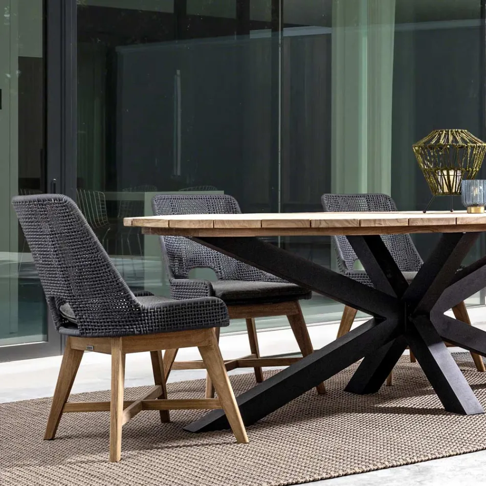 Udendørs lænestol i træ og reb med pude, Homemotion, 2 stk - Oskana Viadurini