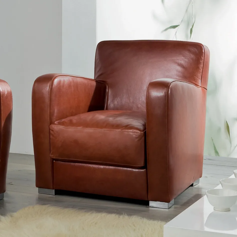 Stue Lænestol i Træ, Læder og Metal Fremstillet i Italien - Burlesco Viadurini