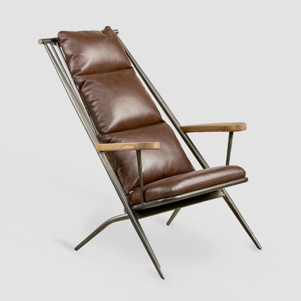 Skrålænestol i ægte læder, metalstruktur og træarmlæn - Lumi Viadurini